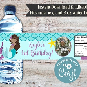 May include: A printable water bottle label with a mermaid illustration, a starfish, and the text "Kayla's 3rd Birthday!"  The label also includes a space for a photo and a nutrition facts section with the text "1 Super Party".