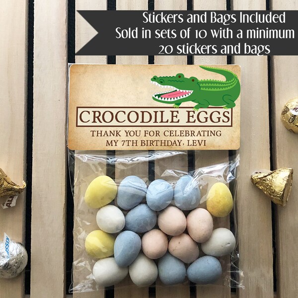 Crocodile Eggs Treat Bags, Dinosaur Eggs Birthday Treat Bags, Dinosaur Stickers and Bags, Reptile Party Treat Bags and Stickers, Crocodiles