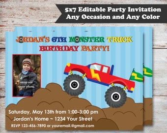 Editable Monster Truck Birthday Party Invitations, Monster Truck Party, Monster Truck Birthday, Truck Invitations, Digital File, DIY