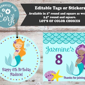 May include: Two printable mermaid-themed birthday party tags. One tag is round and features a mermaid with orange hair and a purple tail. The text reads "Happy 6th Birthday Madison!" The other tag is square and features a mermaid with purple hair and a blue tail. The text reads "Jasmine's 8 Thanks for joining us!"