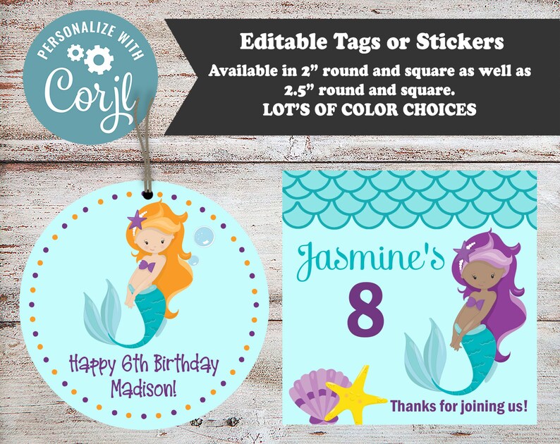May include: Two printable mermaid-themed birthday party tags. One tag is round and features a mermaid with orange hair and a purple tail. The text reads "Happy 6th Birthday Madison!" The other tag is square and features a mermaid with purple hair and a blue tail. The text reads "Jasmine's 8 Thanks for joining us!"