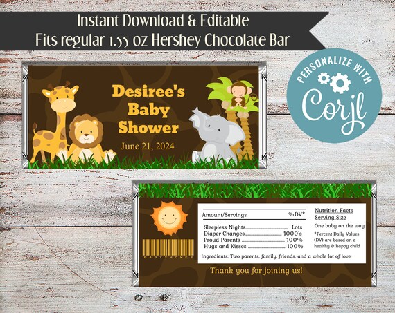 Editable Safari Baby Shower, Safari Candy Bar Wrappers, Jungle Baby Shower, Jungle Candy Bar Wrappers, Safari Party Favors, Baby Shower Il_570xn