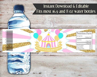 Confezione modificabile per bottiglia d'acqua a tema circo (download digitale)