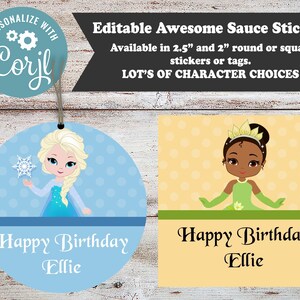 May include: Two round birthday party favor stickers. The left sticker features a blue and white snowflake design with a cartoon image of Elsa from Frozen. The right sticker features a yellow and green design with a cartoon image of Tiana from The Princess and the Frog. Both stickers have the text "Happy Birthday Ellie".