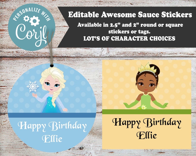 May include: Two round birthday party favor stickers. The left sticker features a blue and white snowflake design with a cartoon image of Elsa from Frozen. The right sticker features a yellow and green design with a cartoon image of Tiana from The Princess and the Frog. Both stickers have the text "Happy Birthday Ellie".