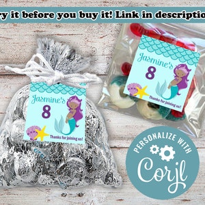 May include: A turquoise blue favor bag with a mermaid design and the text "Jasmine's 8" and "Thanks for joining us!"  The bag is filled with small candies. A round turquoise blue sticker with the text "PERSONALIZE WITH Corjl" is also shown.