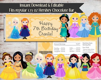 Editable Princess Candy Bar Wrapper, Princess Party Favors, Princess Wrappers, Princess, Candy Bar, Digital File, Birthday, Baby Shower