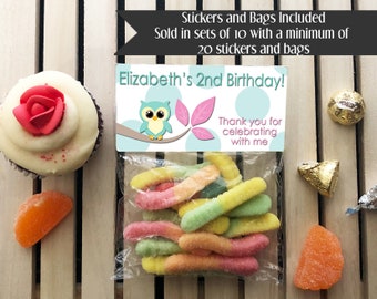 Owl First Birthday Stickers and Treat Bags: Party Favors