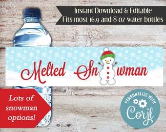 Editable Melted Snowman Water Bottle Labels, Melted Snowman Water Wrapper, Snowman Water Labels, Holiday Water Bottle Wrappers, Digital, DIY