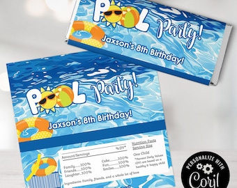 May include: Two candy bar wrappers with a blue water design, featuring the words "Pool Party!" and "Jaxson's 8th Birthday!" in white. The wrappers include a cartoon sun with sunglasses, a beach ball, and an orange inflatable ring.