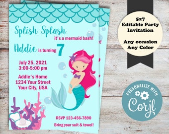 Editable Mermaid Birthday Party Invitations, Mermaid Birthday Invitations, Swimming Party, Mermaids Invitations, Digital File, DIY, Mermaid