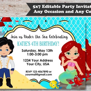 Editable Little Mermaid Party Invitations, Princess Ariel Birthday Party Invitations, Princess Birthday Party, Mermaid Party, Digital File