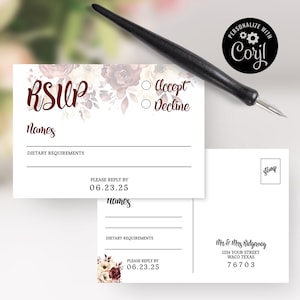 Cartes RSVP de mariage floral bordeaux et beige, mariage bohème, faire-part de mariage floral, fichier numérique, carte postale RSVP ou insert, modifiable