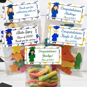 May include: Four graduation party favor bags with colorful candy and personalized labels. The labels feature a cartoon girl wearing a graduation cap and gown, with the graduate's name and graduation year. The labels also include the text "Congratulations" and "Thank you for coming".
