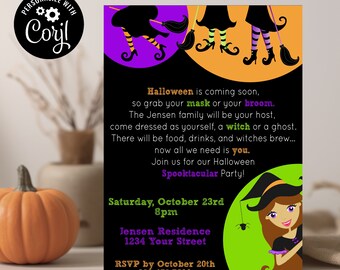 May include: Halloween party invitation with a black background and colorful graphics. The invitation includes text that reads "Halloween is coming soon, Spooktacular Party!" and features a witch illustration. The invitation is personalized with Corjl.