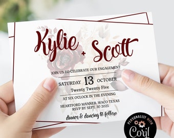 Bourgondische bloemen uitnodiging verlovingsfeest: bewerkbare boho-bruiloft (digitaal bestand)