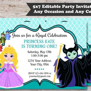 May include: A turquoise and white party invitation with a princess and a villain character. The text reads "Join us for a Royal Celebration Princess Kate is turning one! Saturday, May 13th 1:00-3:00 pm 1234 Your Address Your City, USA RSVP 123-456-7890 or yourmail@gmail.com"