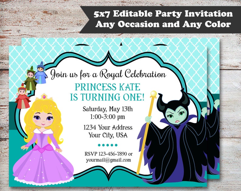 May include: A turquoise and white party invitation with a princess and a villain character. The text reads "Join us for a Royal Celebration Princess Kate is turning one! Saturday, May 13th 1:00-3:00 pm 1234 Your Address Your City, USA RSVP 123-456-7890 or yourmail@gmail.com"