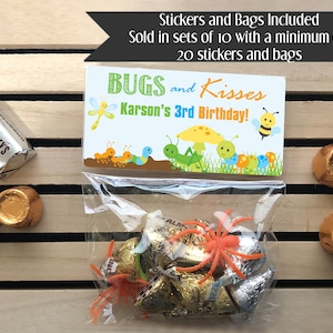 May include: A set of 10 favor bags with stickers featuring a bug theme. The bags are decorated with a green, yellow, and blue bug design and the text "BUGS and Kisses Karson's 3rd Birthday!"