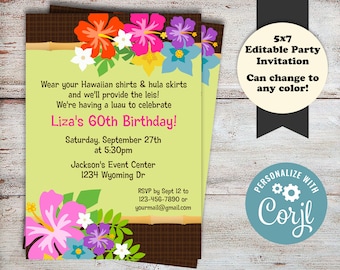Editable Luau Party Invitations, Luau Birthday, Luau Baby Shower, Summer Party, Luau Celebration, Birthday Party Invitations, Digital File