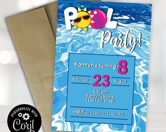 Invitaciones de cumpleaños editables para fiesta en la piscina (archivo digital)