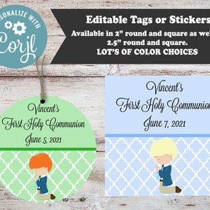 Editable Communion Stickers, Editable Communion Tags, First Communion, Holy Communion, Communion Party Favors, Boy, Instant Download, DIY