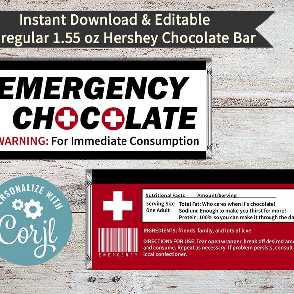 Editable Emergency Chocolate Candy Bar Wrapper, Emergency Chocolate, Friends Gift, Hershey's and Kit Kat, Coworkers, Instant Download