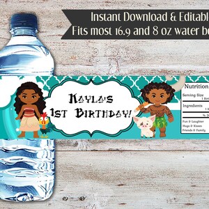 May include: Water bottle label with a turquoise background and a white border. The label features a cartoon image of a girl and a boy, along with a rooster and a pig. The text on the label reads "Kayla's 1st Birthday!" and includes a nutrition facts section with a list of ingredients and daily values.
