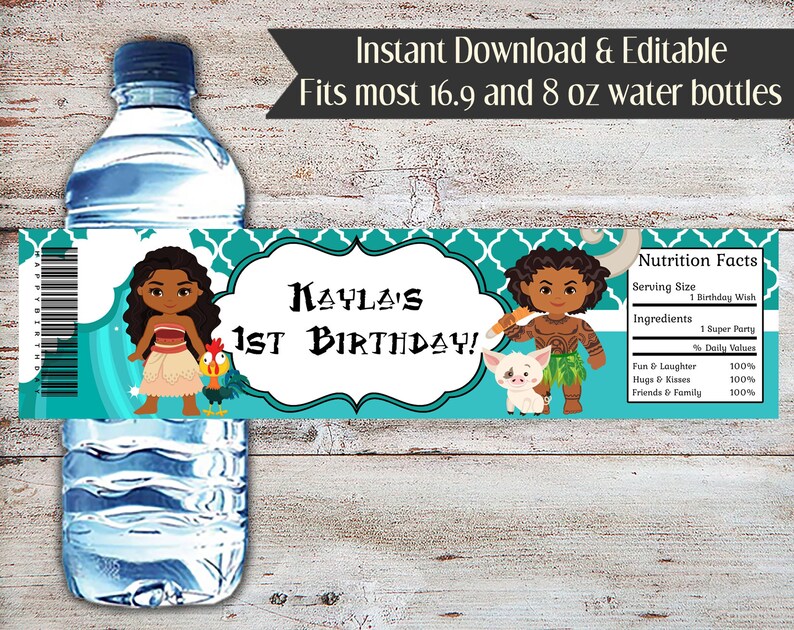 Editable Moana Water Bottle Wrappers, Princess Party, Hawaiian Party, Luau, Luau Party, Maui, Swimming Party, Water Wrapper, Digital image 1