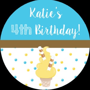 May include: A blue and white circle with the text "Katie's 4th Birthday!" on top and a yellow ice cream cone with chocolate sprinkles on a white background with blue and yellow dots.