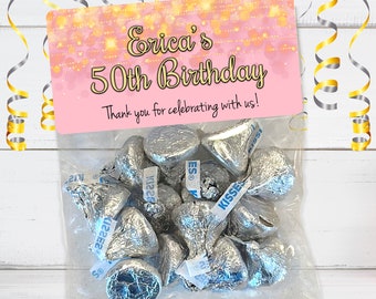 Personalized Milestone Birthday Favor Bags: Gold & Pink Stickers