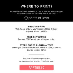 Puede incluir: Un gr&aacute;fico rosa y blanco con el texto "WHERE TO PRINT?" y "prints of love". El gr&aacute;fico tambi&eacute;n incluye el texto "FREE SHIPPING", "FREE ENVELOPES", "EVERY ORDER PLANTS A TREE", y "PARTIES10".
