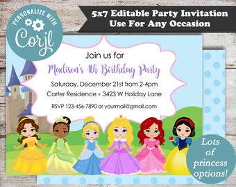 May include: A printable 5x7 inch party invitation featuring a light blue background with white polka dots. The invitation has a pink speech bubble with the text "Join us for Madison's 4th Birthday Party". The text is in purple. Below the speech bubble is the text "Saturday, December 21st from 2-4pm" and "Carter Residence - 3423 W Holiday Lane". Below that is the text "RSVP 123-456-7890 or yourmail@gmail.com". The bottom of the invitation features a green grassy area with six Disney princesses standing in a row. The princesses are Belle, Tiana, Cinderella, Rapunzel, Ariel, and Snow White. The text "Lots of princess options!" is in a teal circle at the bottom right corner of the invitation.