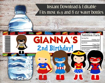 Editable Superhero Water Bottle Wrapper, Superhero Party, Superhero Favors, Super Hero Party, Superhero Party, Boy, Girl, Twins, Birthday