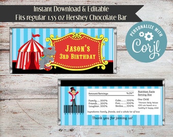 Editable Carnival Candy Bar Wrapper: Circus Party Favor (Digital Download)