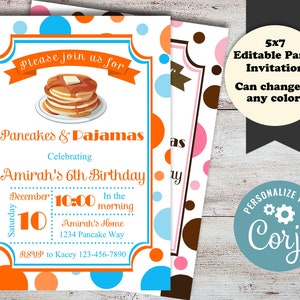 Uitnodiging voor feest pyjama en pannenkoeken: bewerkbare ontbijtverjaardag (digitaal bestand) afbeelding 2