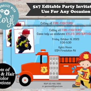 May include: A red fire truck with a firefighter holding a hose. The truck has a number 3 on the side. The invitation is for a 3rd birthday party for Kyle. The party is on Friday, October 15, 2023 from 2:30 to 5:30 at Kyle's House, 1234 Firestation Rd. RSVP to 123-456-7890 or youremail@gmail.com.