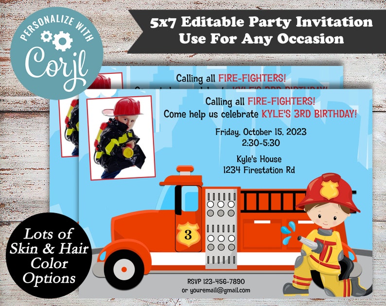 May include: A red fire truck with a firefighter holding a hose. The truck has a number 3 on the side. The invitation is for a 3rd birthday party for Kyle. The party is on Friday, October 15, 2023 from 2:30 to 5:30 at Kyle's House, 1234 Firestation Rd. RSVP to 123-456-7890 or youremail@gmail.com.