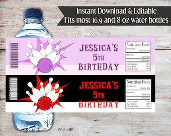Bearbeitbare Bowling Geburtstag Wasserflaschenetiketten (Instant Download)