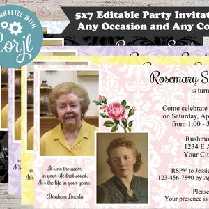 May include: A pink and white damask patterned 5x7 inch editable party invitation template with a photo placeholder. The text reads "Rosemary Smith is turning 90! Come celebrate with us on Saturday, April 30th from 1:00 - 3:00 pm Rushmore Park 1234 E Address Your City, USA RSPV to Jessica Smith 123-456-7890 by April 25th Please no gifts Your presence is enough!"