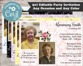 Editable Milestone Birthday Party Invitations, 90th Birthday Invitations, 100th Birthday Invitations, 75th Birthday Invitation, Digital File