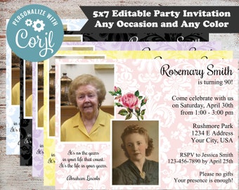 Pode incluir: Um modelo de convite de festa editável de 12,7 x 17,8 cm com um padrão damasco rosa e branco e um espaço reservado para uma foto. O texto diz "Rosemary Smith está completando 90 anos! Venha celebrar conosco no sábado, 30 de abril, das 13h00 às 15h00 Rushmore Park 1234 E Address Your City, USA RSPV para Jessica Smith 123-456-7890 até 25 de abril Por favor, não traga presentes Sua presença é suficiente!"