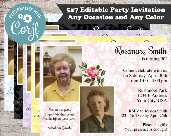 Editable Milestone Birthday Party Invitations, 90th Birthday Invitations, 100th Birthday Invitations, 75th Birthday Invitation, Digital File Il_570xn