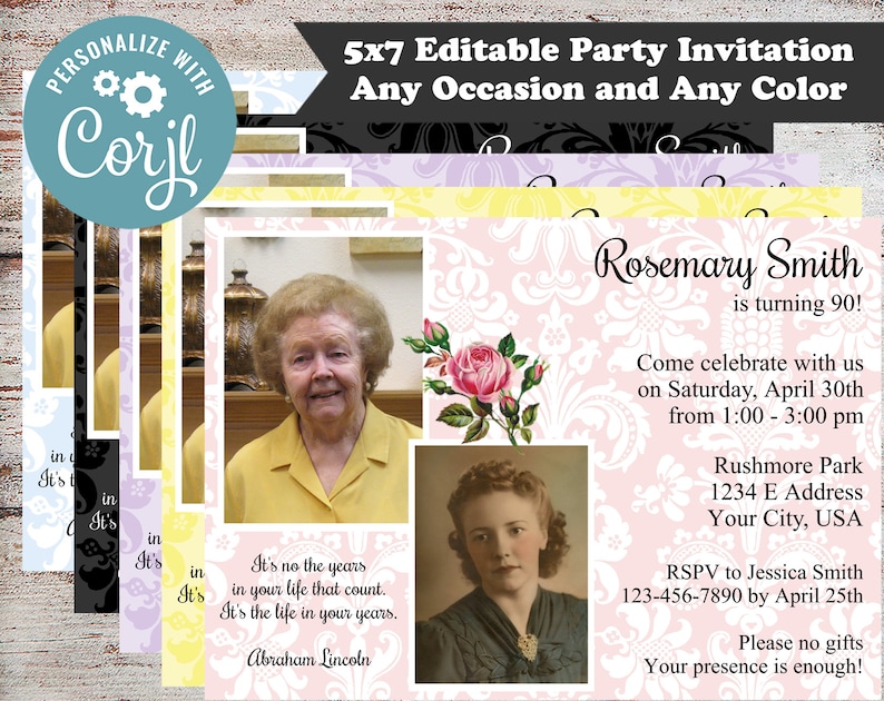 May include: A pink and white damask patterned 5x7 inch editable party invitation template with a photo placeholder. The text reads "Rosemary Smith is turning 90! Come celebrate with us on Saturday, April 30th from 1:00 - 3:00 pm Rushmore Park 1234 E Address Your City, USA RSPV to Jessica Smith 123-456-7890 by April 25th Please no gifts Your presence is enough!"