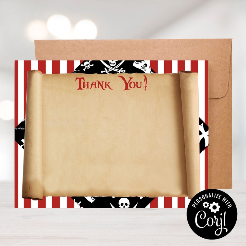May include: A red and white striped thank you card with a pirate theme. The card features a scroll with the words "Thank You!" and a black and white pirate skull and crossbones design.