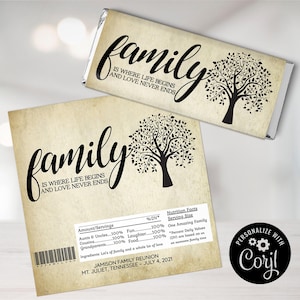 Puede incluir: Un envoltorio de barra de chocolate imprimible con un diseño vintage que presenta un árbol genealógico y el texto "family is where life begins and love never ends". El envoltorio también incluye una etiqueta de información nutricional y un mensaje personalizado con el texto "Personalizar con Coril".