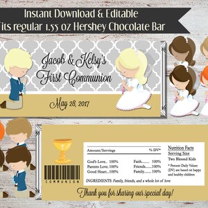 May include: Printable Hershey's chocolate bar wrapper with a gold background and a gray and white pattern. The wrapper features a boy and girl in their First Communion attire with the text "Jacob & Kelsy's First Communion" and "May 28, 2017". The wrapper also includes a nutrition facts label with the text "Two Blessed Kids".