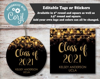 Editable Graduation Stickers, Editable Graduation Tags, Gold, Glitter, High School Graduation, Graduation Party Favors, Instant Download