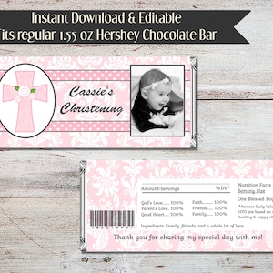 Editable Pink Damask Christening Baptism Candy Bar Wrapper, Pink Baptism Candy Wrapper, Baptism Candy Wrapper, Christening Candy Wrapper image 1