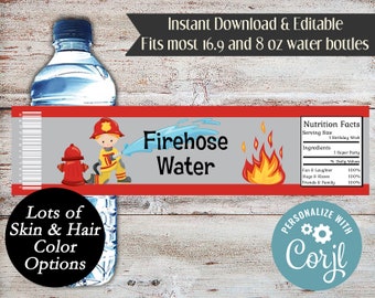 Editable Fireman Water Bottle Wrappers, Fire Fighter Water Bottle Wrappers, Fireman Birthday Party Favors, Firehose Water, Boy or Girl